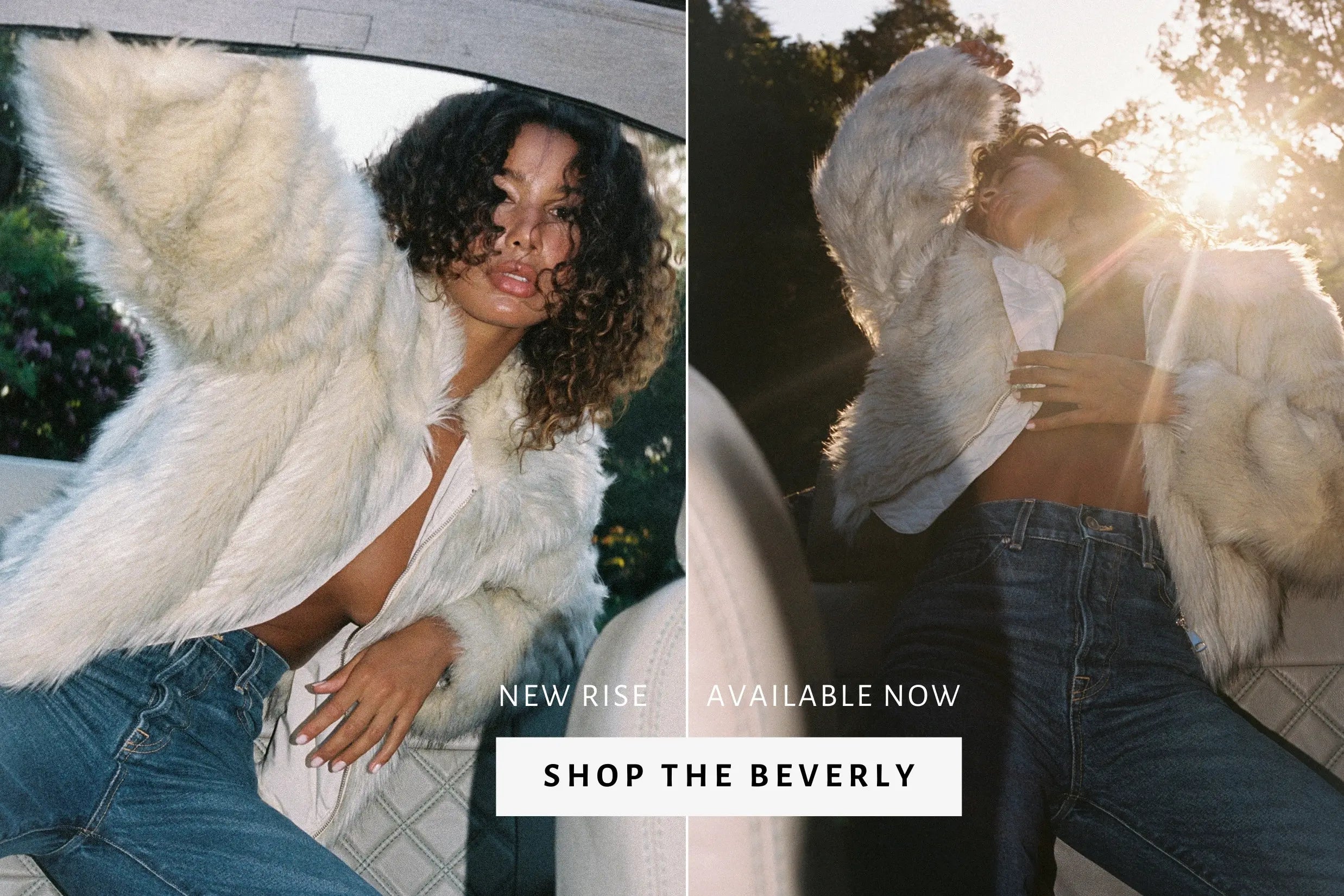 Woman wearing a white fur coat and jeans with promotional text overlay.