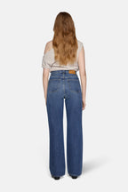 a women standing backward wearing high rise straight leg jeans for women 