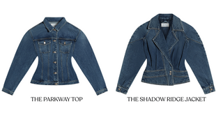 Two blue denim jackets shown side by side on a white background, labeled 'THE PARKWAY TOP' and 'THE SHADOW RIDGE JACKET'.