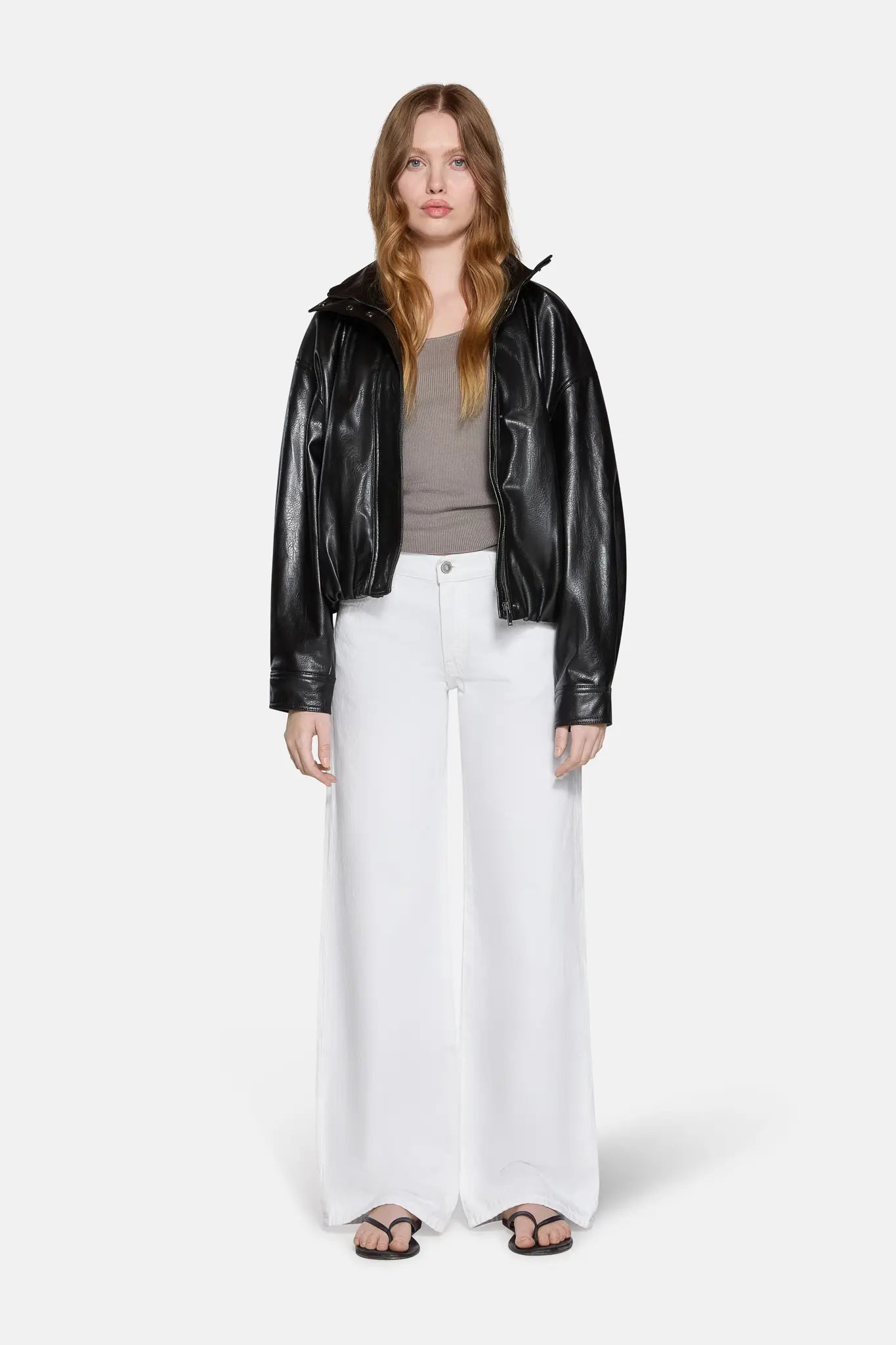  low waist baggy jean marshmallow shade worn by a model standing straight 