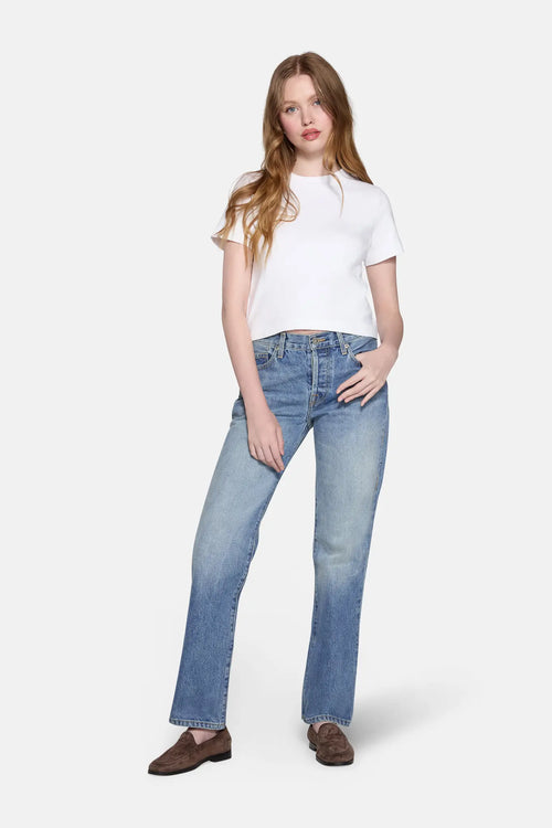 women pictured in light wash straight leg jeans and white tank top 