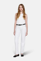 model modeling for light wash straight leg jeans