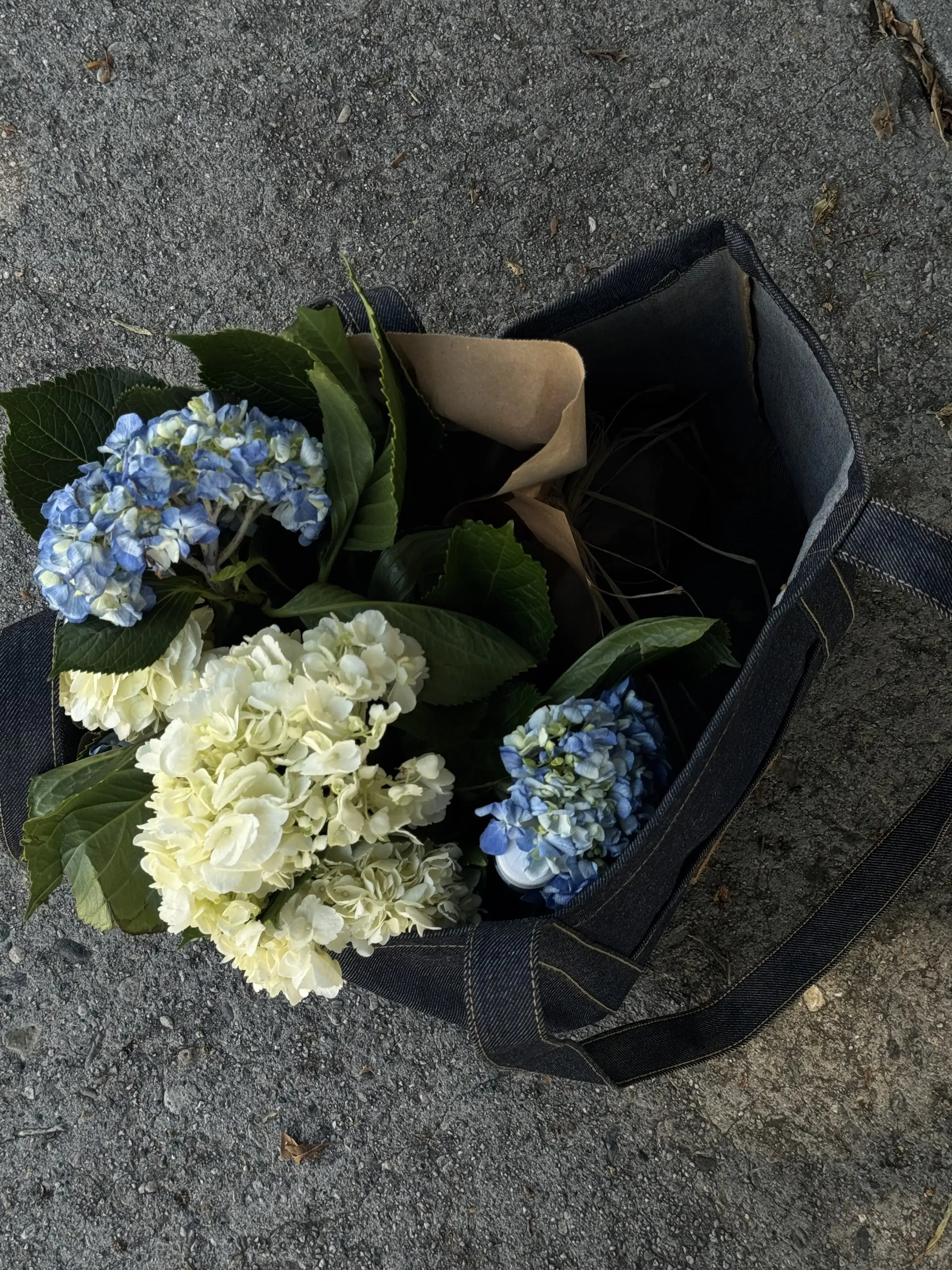Bouquet of blue and white hydrangeas on a dark surface