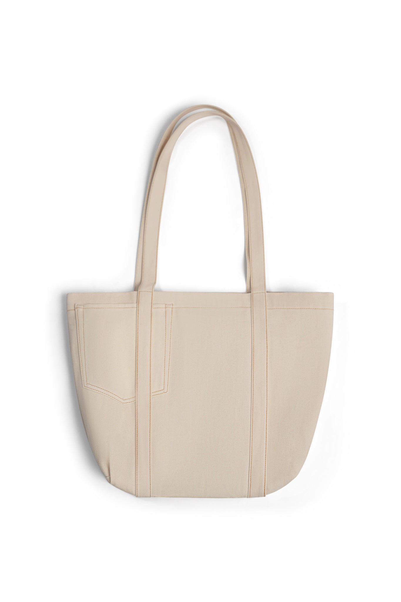 beige LA denim tote bag mouth open displayed on a white background 