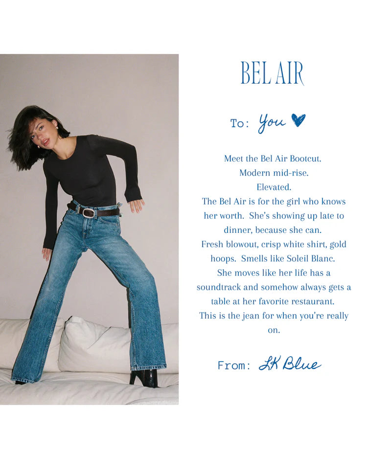 Woman wearing blue jeans and a black top with promotional text about Bel Air jeans on a white background.