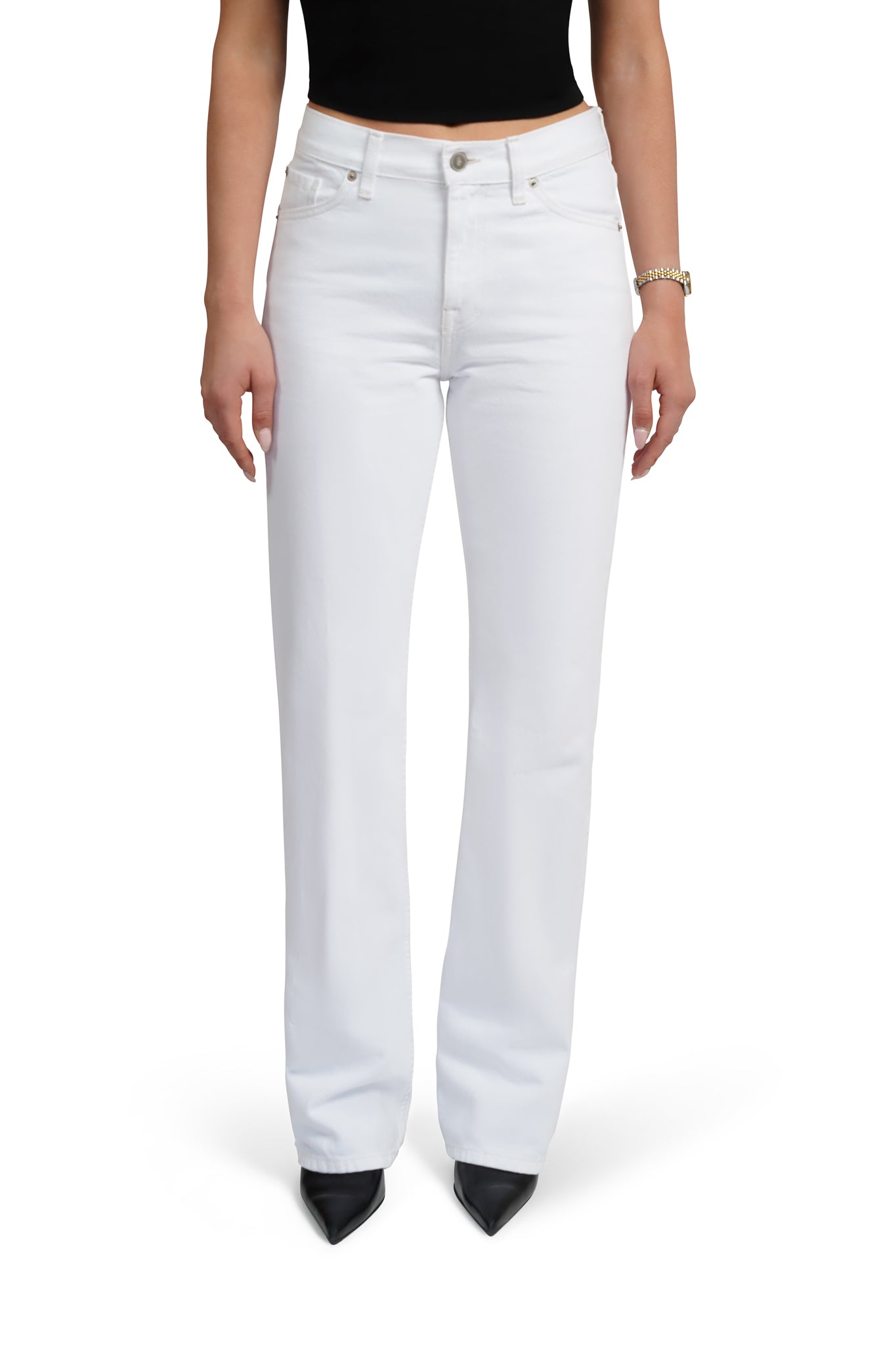 White bootxut jeans worn by a person on a white background