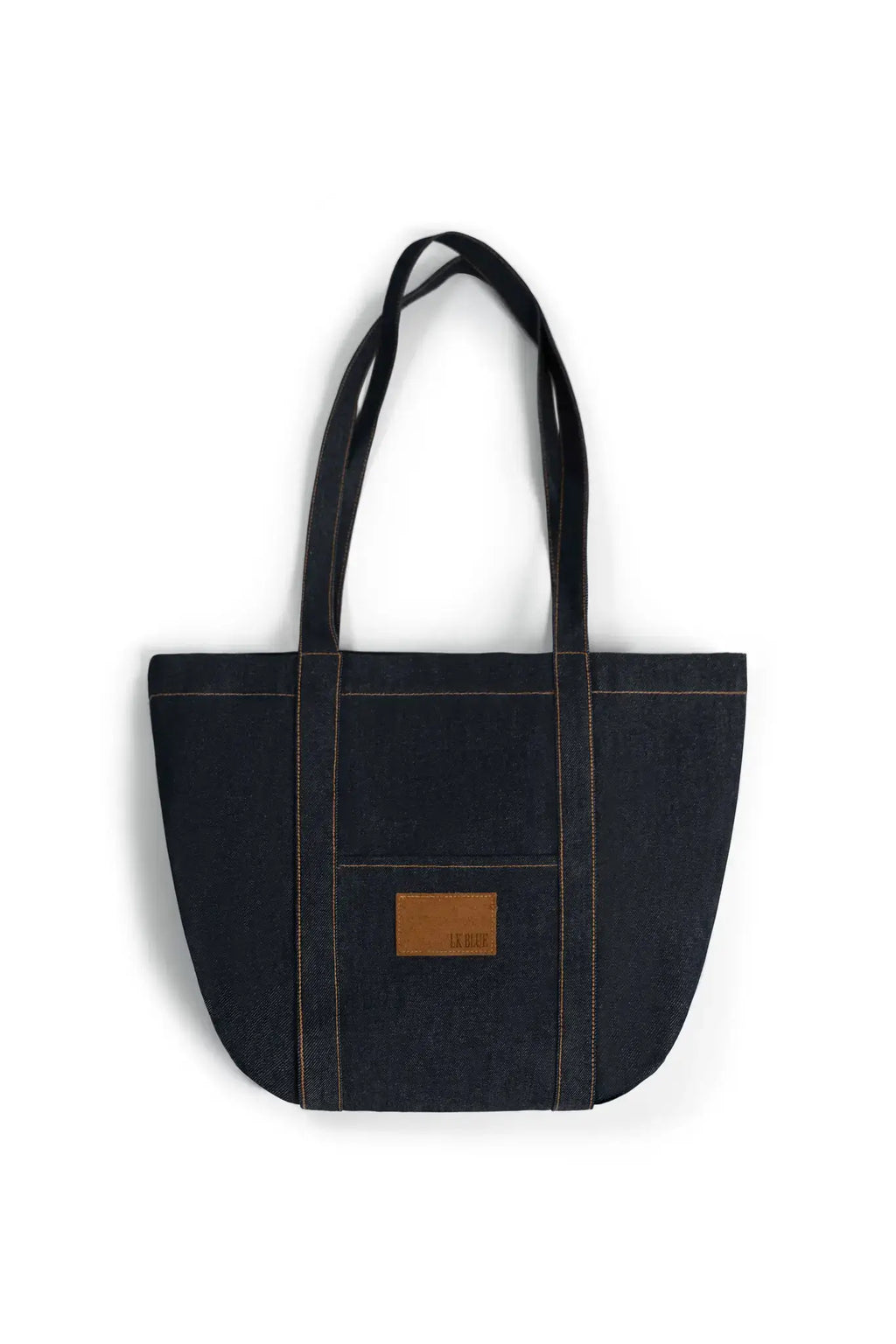 Black tote bag with a brown patch on a white background