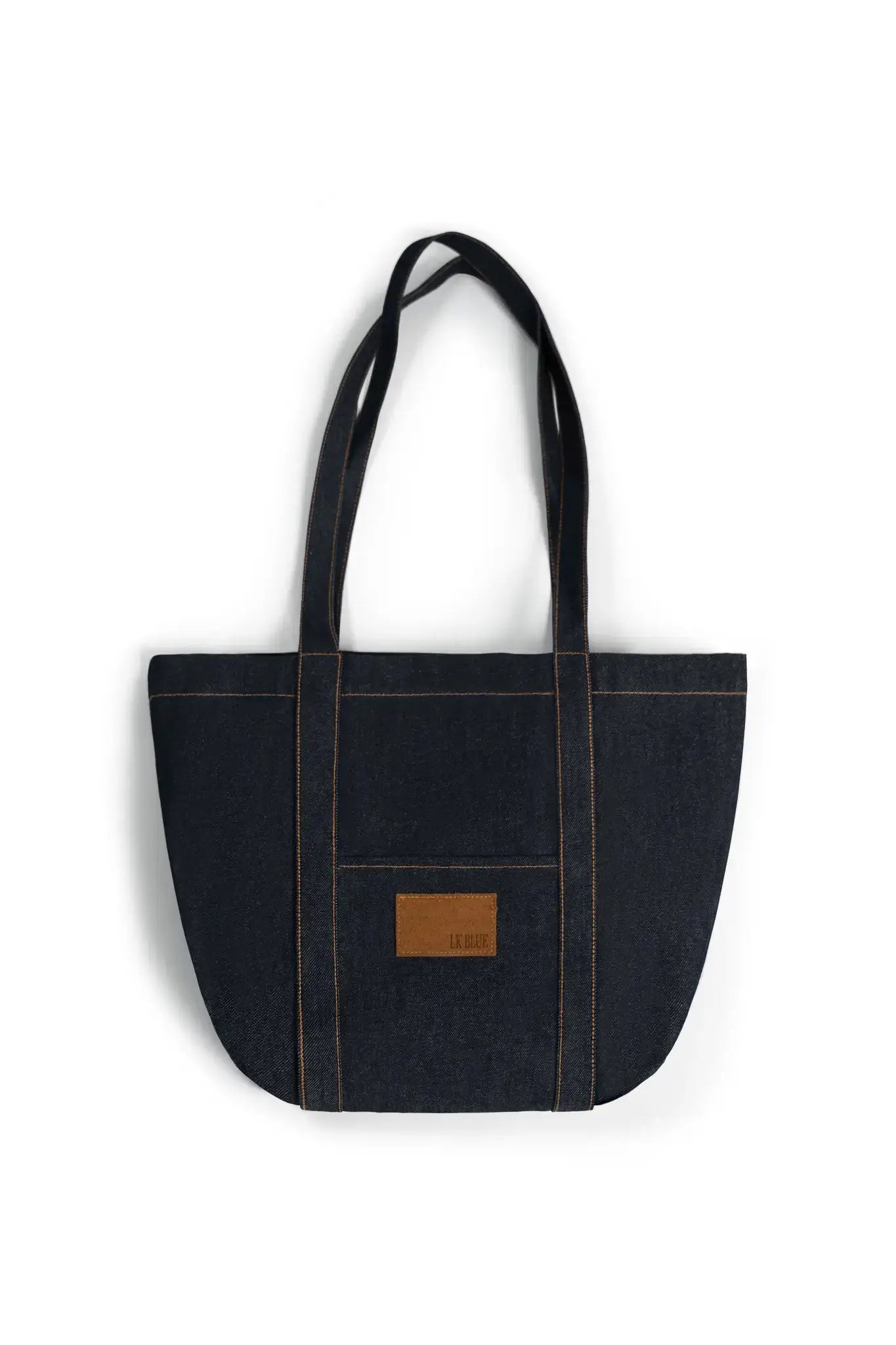 Black tote bag with a brown patch on a white background